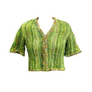 Y2K Cici Bianca Green Knit Short Sleeve Top – Metallic Rainbow Textures & Hook C